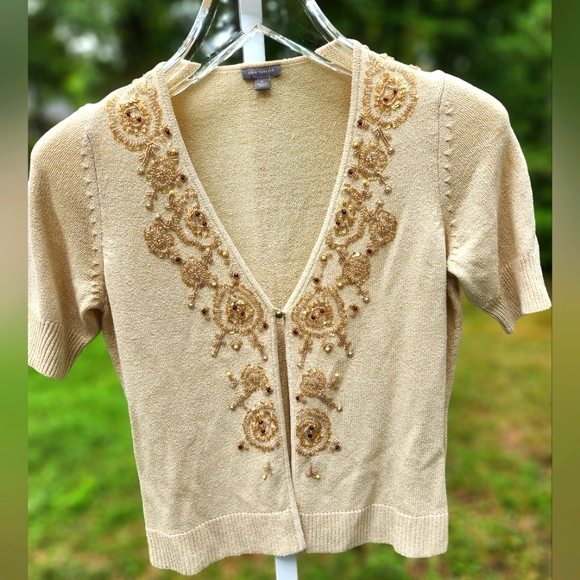 Ann Taylor Button Front Tan Silk Rayon Blend Embellished Cardigan- Women's Med - Picture 2 of 7